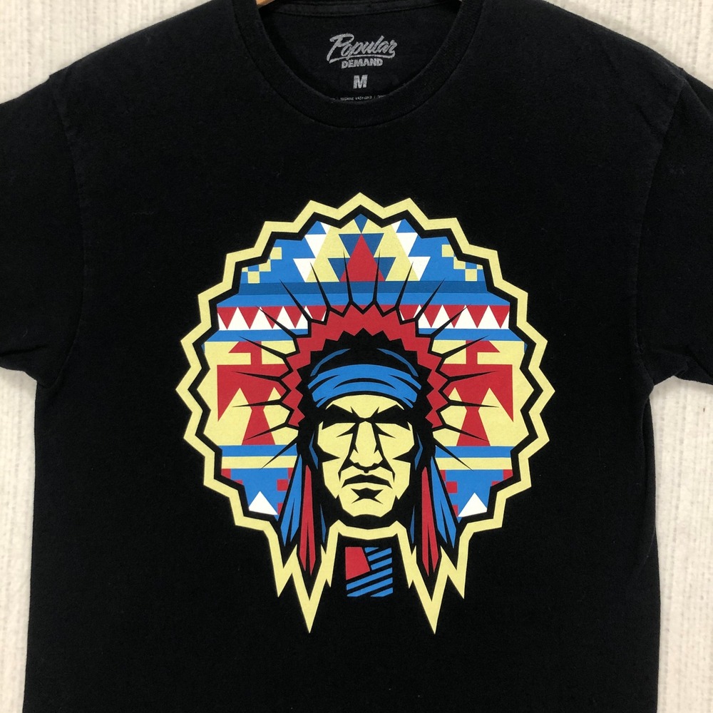 Popular Demand Mens Black Graphic T-Shirt Headdress Logo Medium Streetwear Tee